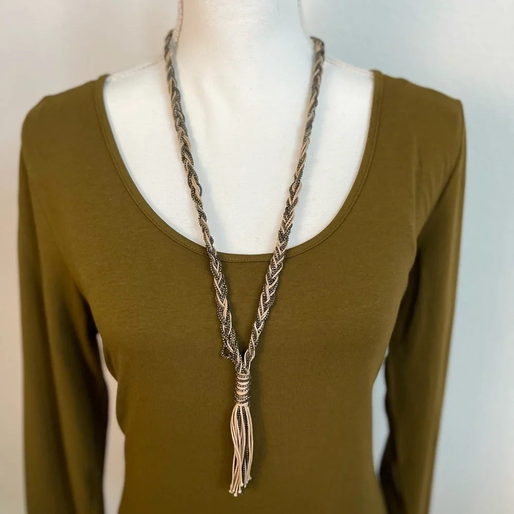 LOFT Long Braided Chain Necklace | Twine Detail Boho Statement Jewelry